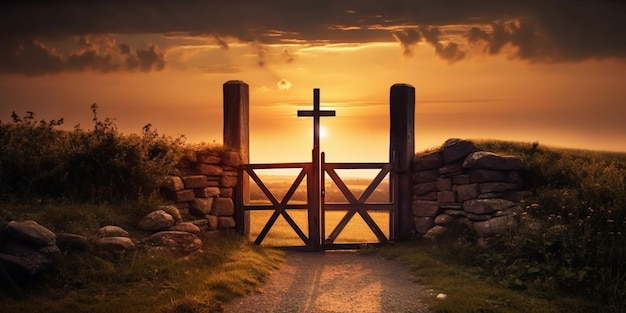 Puerta al cielo en el fondo de la puesta de sol cruzada