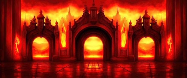 Puerta al infierno el paso al reino de los muertos La puerta al dominio del diablo Lucifer Todo está en llamas Hellfire Ilustración 3d