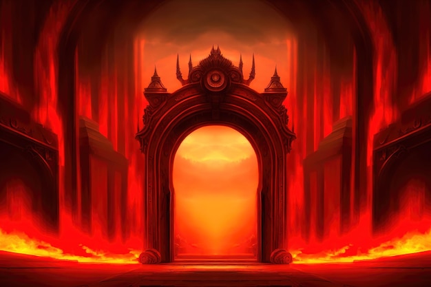 Puerta al infierno el paso al reino de los muertos La puerta al dominio del diablo Lucifer Todo está en llamas Hellfire Ilustración 3d