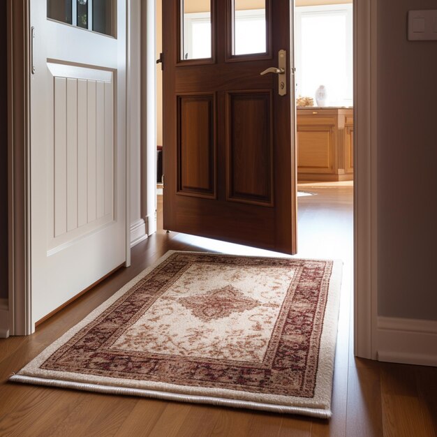 Foto puerta con una alfombra en el suelo y una puerta con una ventana generativa ai