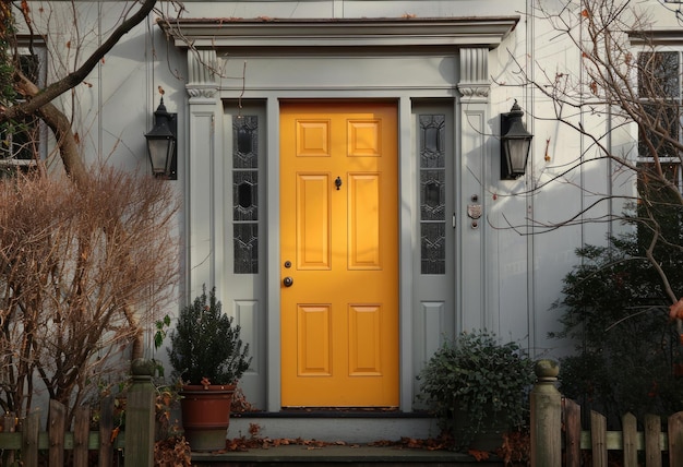 una puerta amarilla en una casa blanca