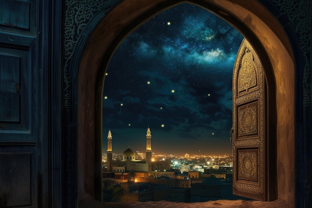 puerta antigua que se abre a una ciudad árabe bajo el cielo nocturno de Ramadan39