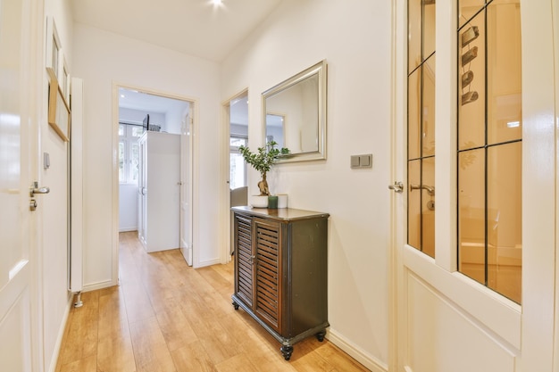 Puerta de apartamento moderno con paredes blancas y suelo de parquet