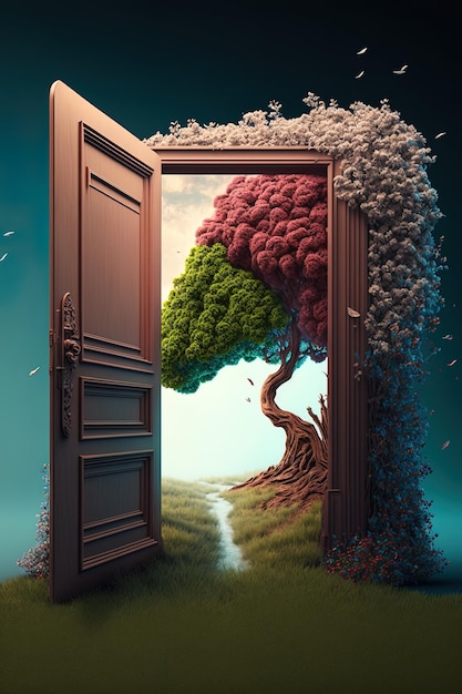 una puerta con un árbol creciendo fuera de ella