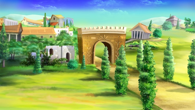 Puerta arqueada a la ilustración de la ciudad antigua