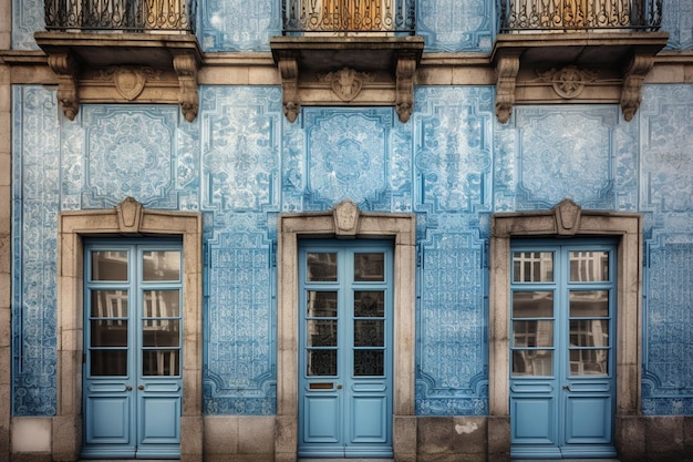 Una puerta azul con un balcón al fondo.