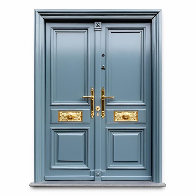 una puerta azul con bisagras de oro y una puerta de oro