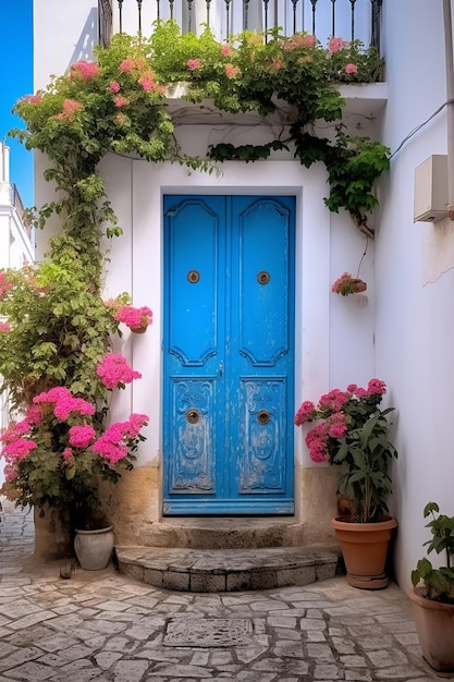 Una puerta azul en una casa en Grecia