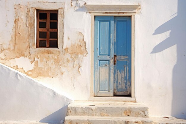 Puerta azul en una casa griega encalada de estilo mediterráneo IA generativa