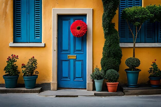 Una puerta azul con una corona roja.