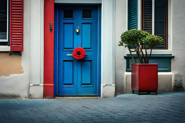 Una puerta azul con una corona roja.