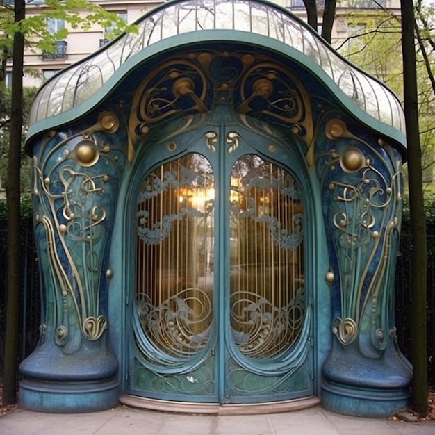 Una puerta azul con una cúpula de cristal que dice 'la puerta de la casa'