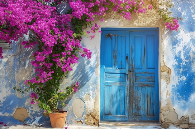 Puerta azul desgastada y árbol de buganvilla en la calle Crete