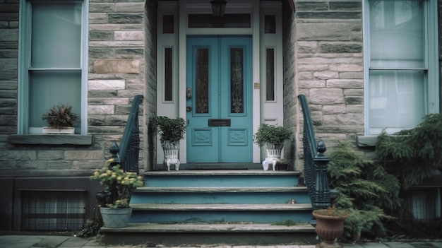 Una puerta azul con una dirección en letras blancas