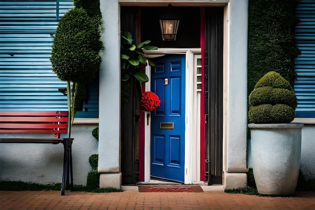 Una puerta azul con una flor roja en ella