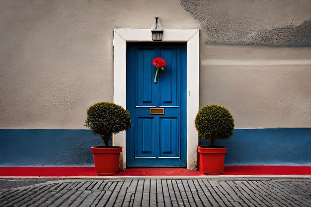 Una puerta azul con una flor roja en ella