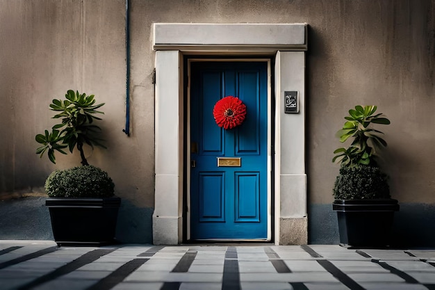 Una puerta azul con una flor roja en ella