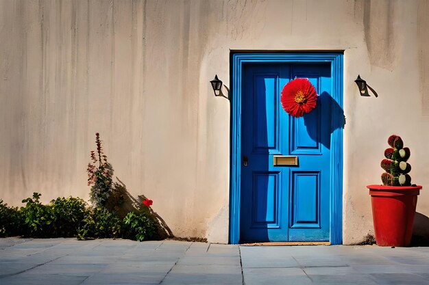 una puerta azul con una flor roja en el frente.