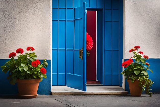 una puerta azul con una flor roja en el frente.