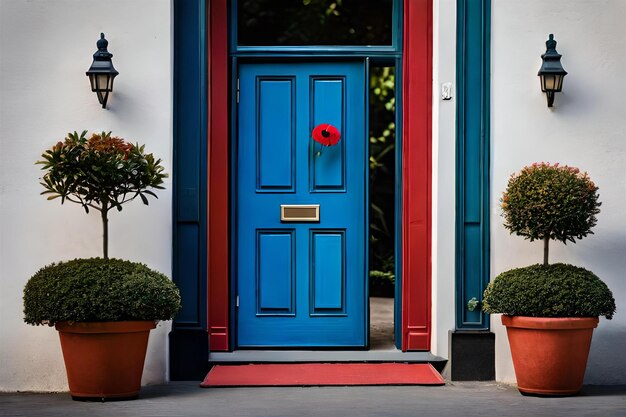 una puerta azul con una flor roja