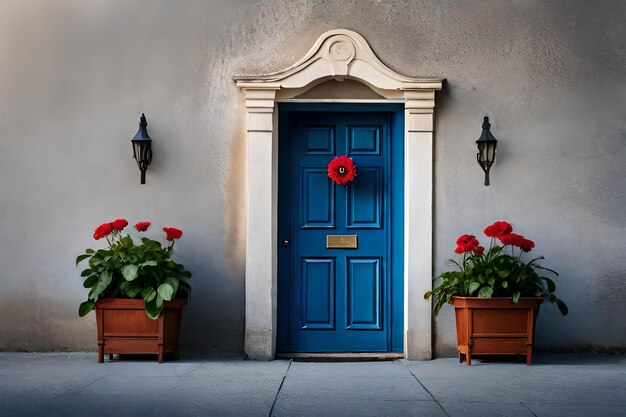 una puerta azul con una flor roja