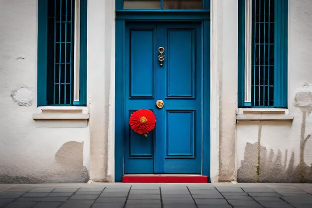 una puerta azul con una flor roja