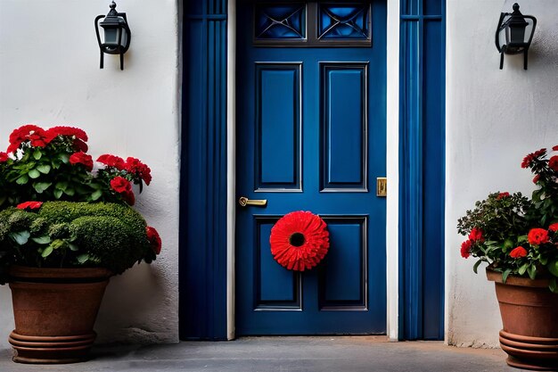 una puerta azul con una flor roja