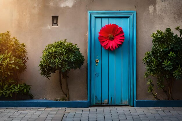 una puerta azul con una flor