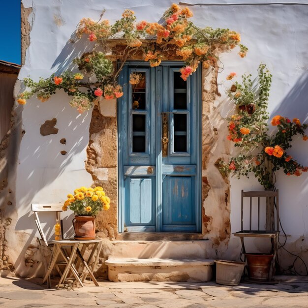 Puerta azul con flores