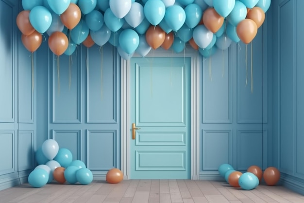 Una puerta azul con un montón de globos en el medio.