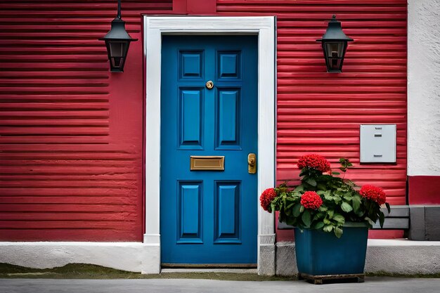 Foto una puerta azul con una pared roja y una olla de flores delante de ella.