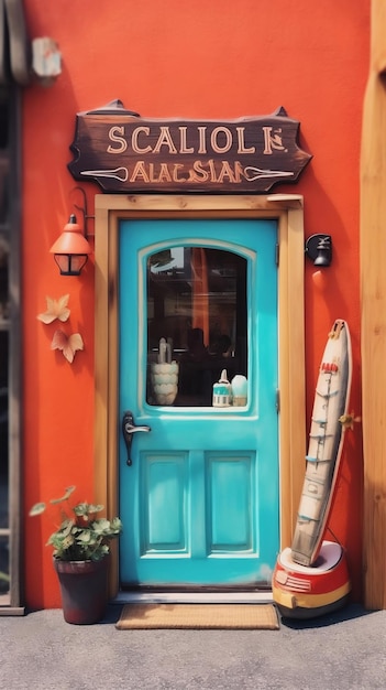 Una puerta azul de una pequeña empresa en la playa.