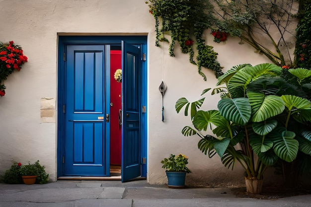 una puerta azul con una puerta roja y plantas en la pared.