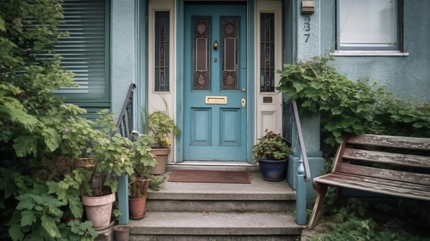 Una puerta azul con una ranura de correo dorada que dice "el número 7" en ella