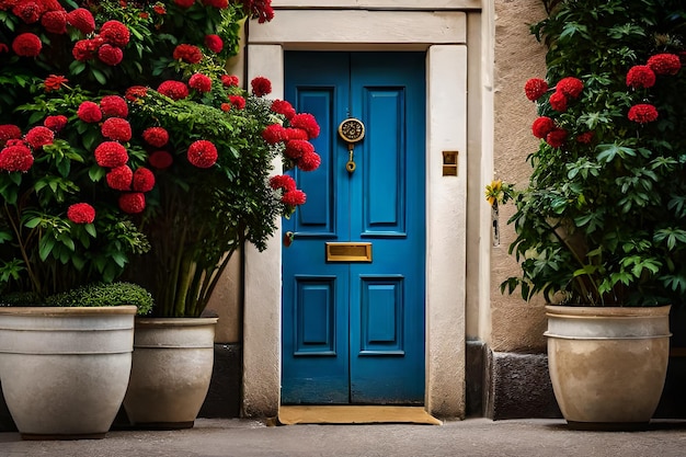 una puerta azul con una rosa roja en ella