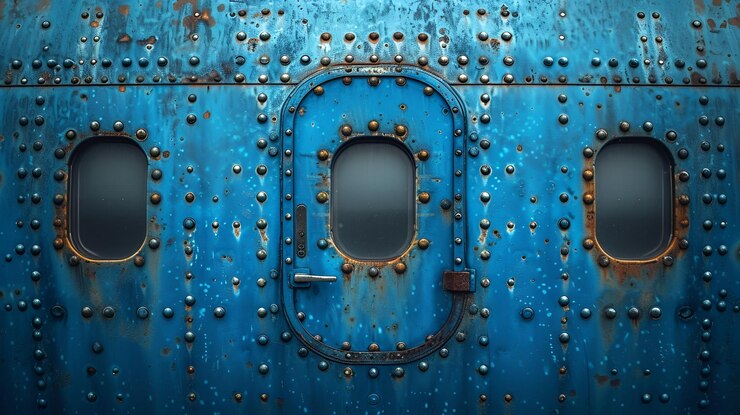 Una puerta azul con una ventana y una cerradura en ella