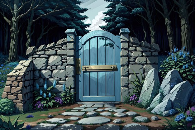 una puerta azul una zona de bosque oscuro