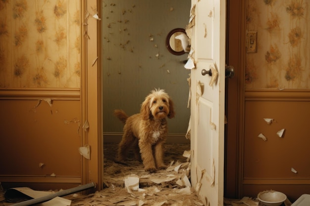 La puerta del baño ahora con un agujero distintivo creado por los cachorros masticando travesuras sirve como t