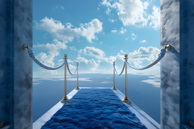 Foto puerta blanca conceptual en 3d sobre el cielo azul con nubes de fondo