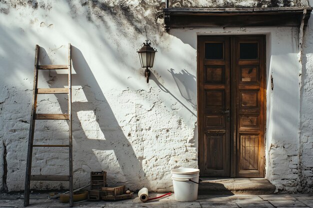 Foto una puerta blanca con un cubo y una escalera ia generativa