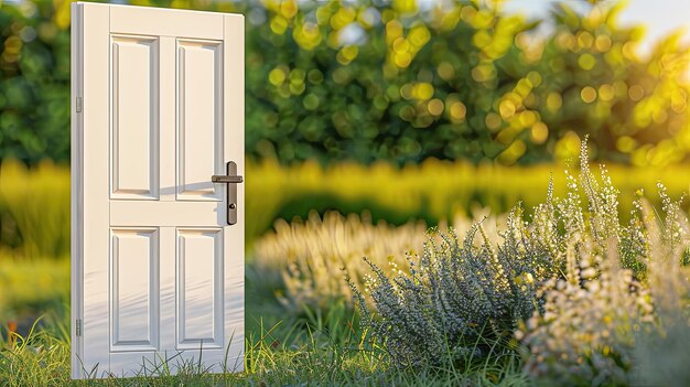 Una puerta blanca está abierta en un campo de hierba