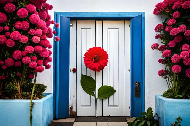 Foto una puerta blanca con una flor roja en ella