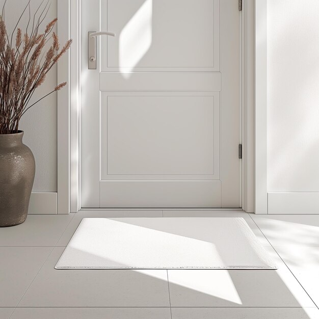 una puerta blanca con una planta en una olla en el suelo