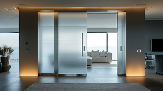 Foto una puerta de bolsillo en una casa moderna hecha de vidrio esmaltado con un delgado marco de acero inoxidable y un