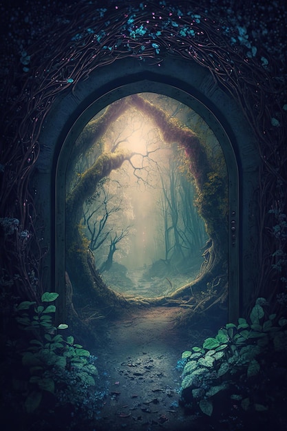 Una puerta en un bosque con un bosque verde y una luz.