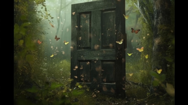 Una puerta en un bosque con mariposas en el suelo.