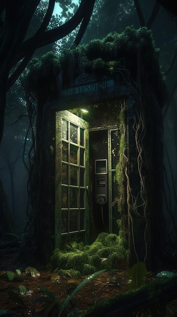 Una puerta en un bosque oscuro con una luz verde.