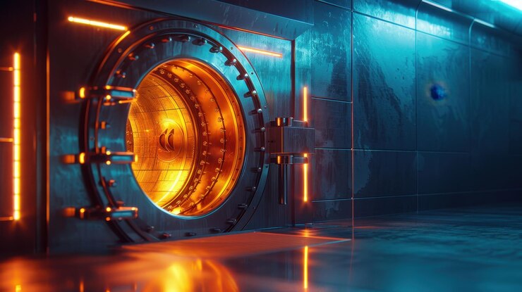 La puerta de la bóveda iluminada en tonos azules y naranjas que simbolizan alta seguridad y almacenamiento de riqueza