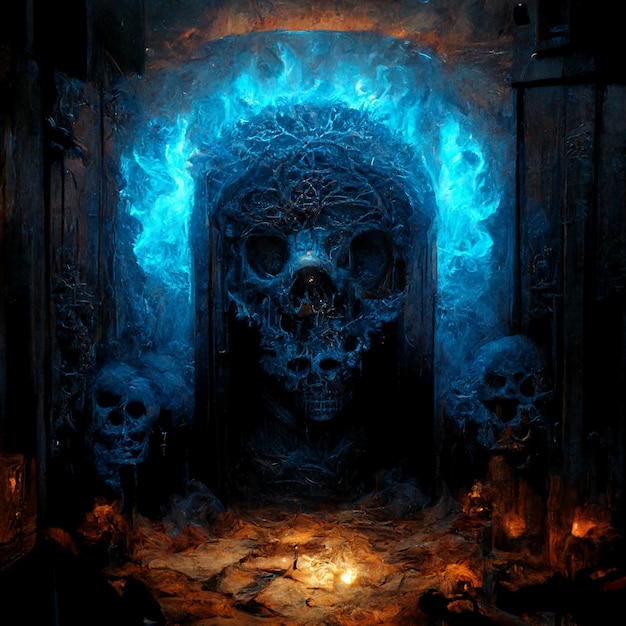 Puerta de calavera de mazmorra de terror realista ilustración digital de llamas azules brillantes