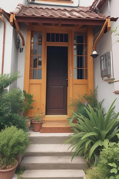 Una puerta de una casa con plantas ai Generar